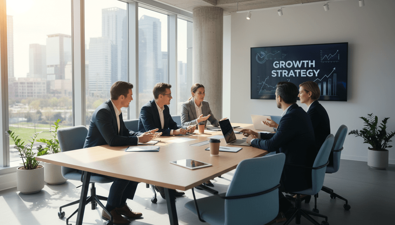 Professional business team collaborating on contract strategy in modern office setting